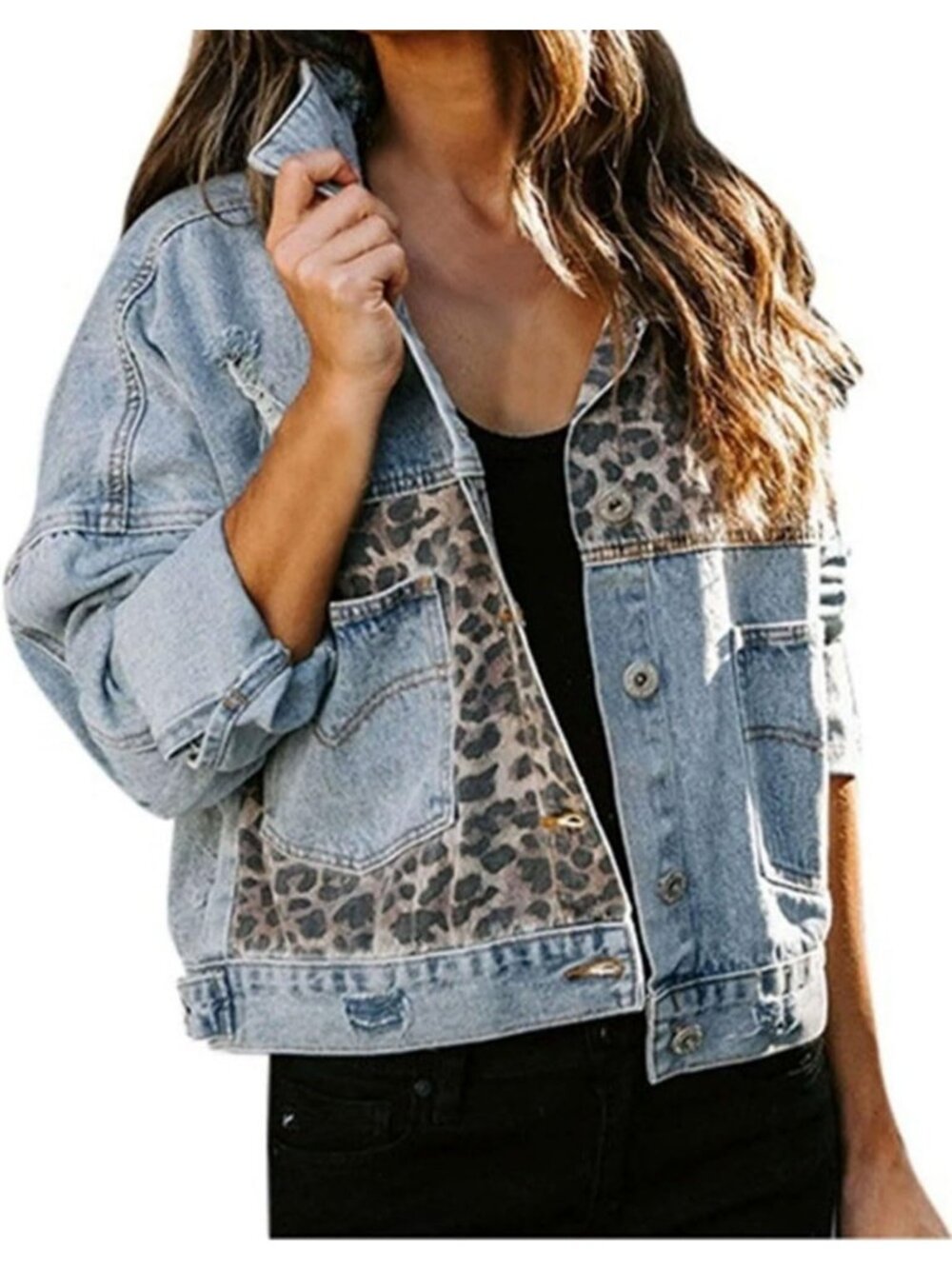 Women's Light Blue Imported Cotton Blend Denim Leopard Print Panelled Jacket